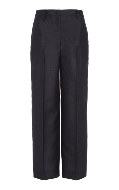 Prada Cropped Wool Trousers W/ Embroidered Detail In Blue