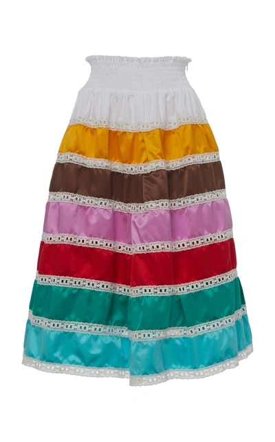 Prada Lace-trimmed Silk Midi Skirt In Multicolour