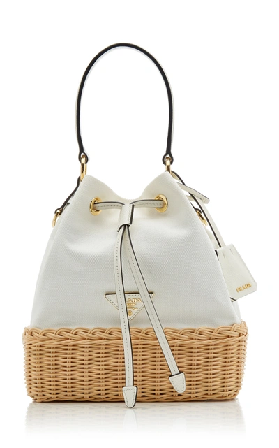 Prada Wicker And Canvas Bucket Bag In White