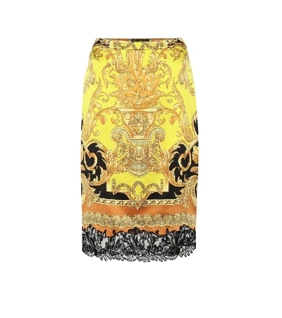 Versace Lace-trimmed Baroque-print Silk Pencil Skirt In Black,gold