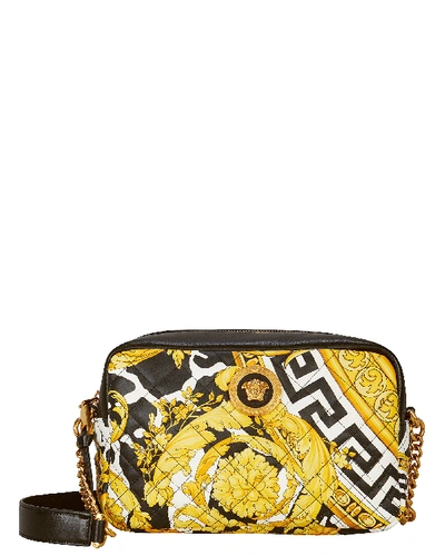 Versace Camera Bag In Black And Savage Barocco Printed Leather In Black/gold