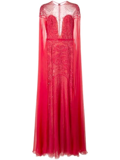 Zuhair Murad Embroidered Tulle Cape Sleeve Gown In Red