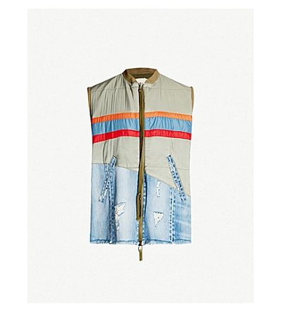 Greg Lauren Striped Shell And Denim Gilet In Army Blue