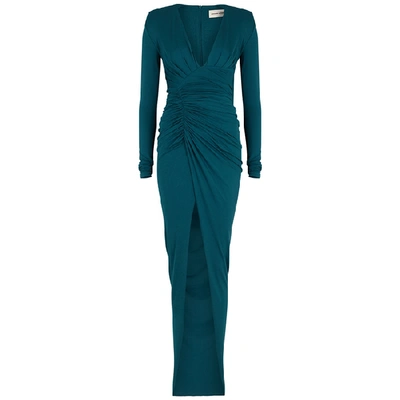 Alexandre Vauthier Teal Ruched Plunge Gown