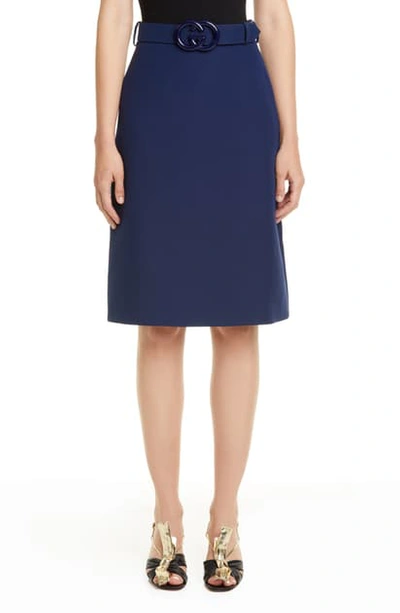 Gucci Belted Wool & Silk Cady Skirt In Dark Blue