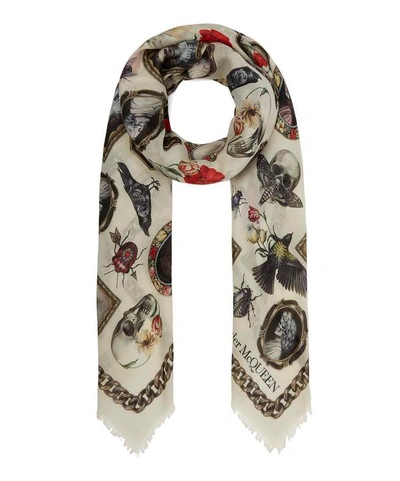 Alexander Mcqueen Cameo And Curiosities Wool Scarf In White