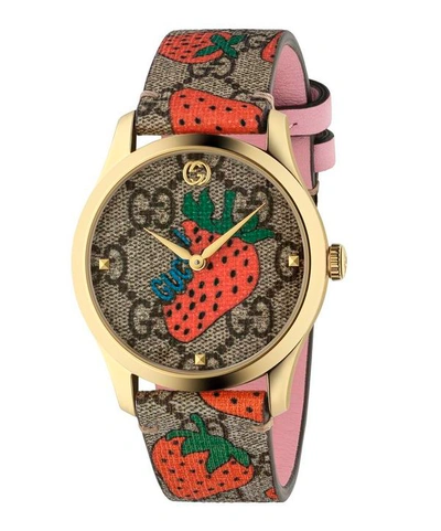 Gucci G-timeless Contemporary Strawberry Goldtone Pvd Watch In Red/green