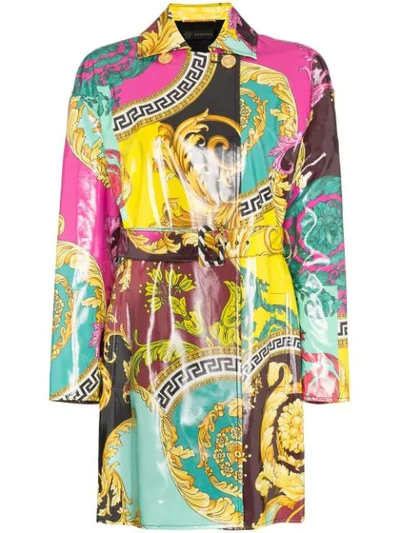 Versace Printed Coated Canvas Trench Coat In Multicolor