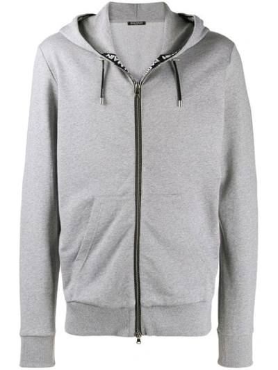 Balmain Logo-jacquard Cotton-blend Hooded Sweatshirt In Grey