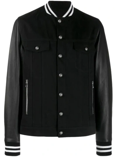 Balmain Printed Denim Jacket W/ Leather Sleeves In Black