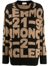 Moncler Black Tricot Pullover With Lettering Intarsia In Neutrals