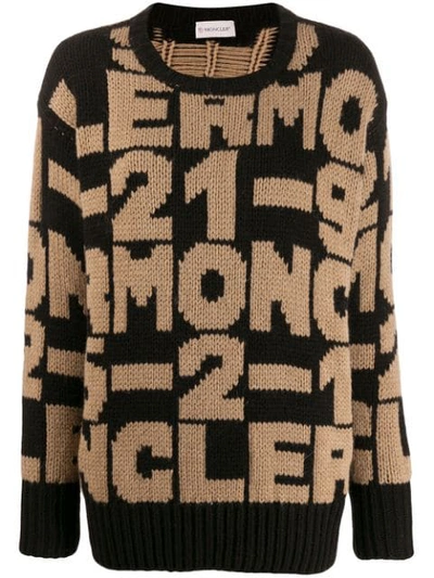 Moncler Black Tricot Pullover With Lettering Intarsia