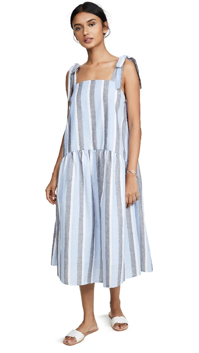 English Factory Curved Hem Striped Dress In Blue