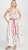 MARCHESA NOTTE STRAPLESS PRINTED MIKADO CORSETED GOWN