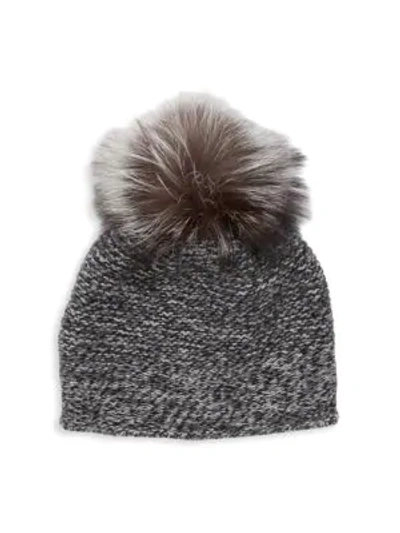 Portolano Fox Fur Pom-pom Cashmere Boyfriend Beanie In Black Grey