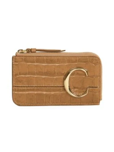 Chloé C Croc-embosssed Leather Zip Card Holder In Autumnal Brown