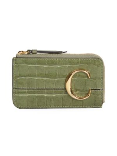 Chloé Crocodile-embosssed Leather Card Holder In Misty Forest