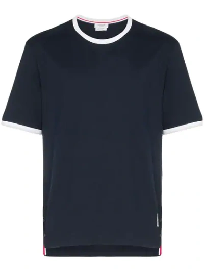 Thom Browne Mens Navy Ringer Brand-patch Stretch-wool T-shirt In Blue