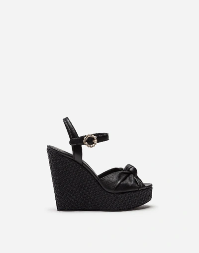 Dolce & Gabbana Wedge Nappa Leather Sandal With Bejewelled Buckle In Black