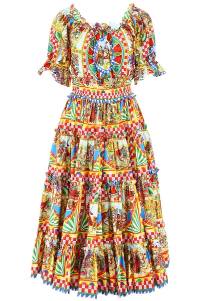 Dolce & Gabbana Sicilian Carretto Print Off Shoulder Flared Dress In Multi