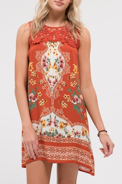 Blu Pepper Lace Yoke Printed Shift Dress In Sienna Multi