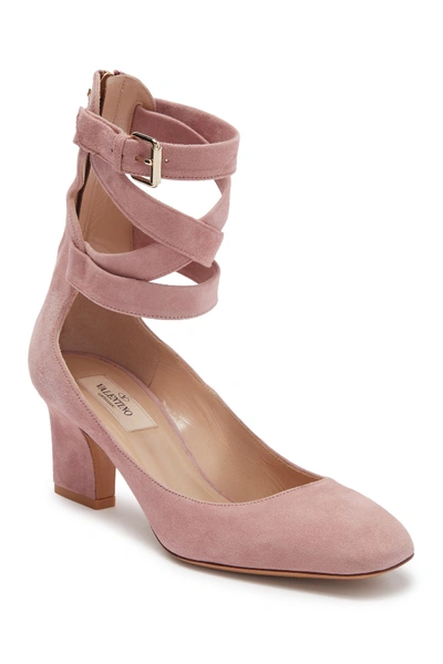 Valentino Garavani Ankle Strap Square Toe Suede Pump In Antique Rose