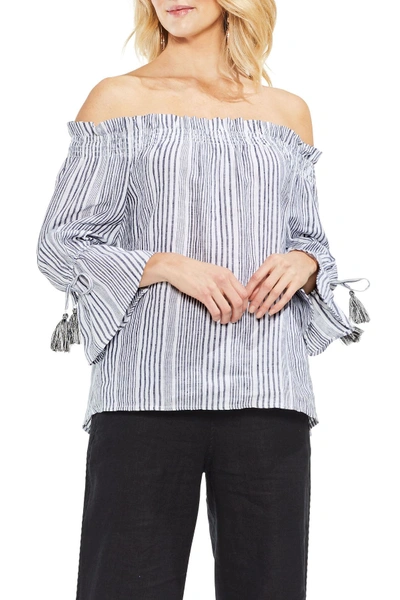 Vince Camuto Linen Stripe Bell Sleeve Top In Rich Black
