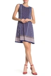Max Studio Patterned Sleeveless Shift Dress In Blue/coral Multi Stacked Panel