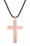 Steve Madden Splitting Cross Pendant Necklace In Rose Gold/black