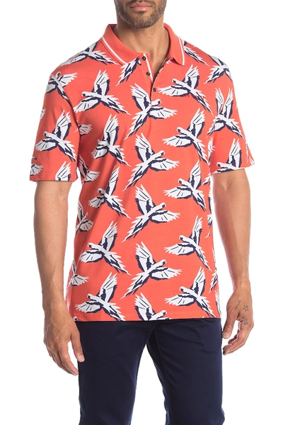 Ted Baker Bird Print Short Sleeve Golf Polo In Coral
