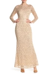 Marina Sequin Lace Long Sleeve Gown In Vanilla