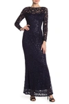 MARINA SEQUIN LACE LONG SLEEVE GOWN,192096277425