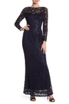 MARINA MARINA SEQUIN LACE LONG SLEEVE GOWN,192096277425