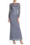 MARINA SEQUIN LACE LONG SLEEVE GOWN,192096277241