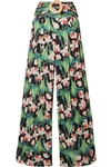 PATBO BELTED PLEATED FLORAL-PRINT SATIN WIDE-LEG PANTS