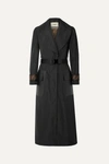 FENDI BELTED JACQUARD AND LEATHER-TRIMMED GABARDINE TRENCH COAT