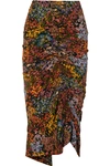 PREEN BY THORNTON BREGAZZI AALIYAH RUCHED FLORAL-PRINT STRETCH-CREPE MIDI SKIRT