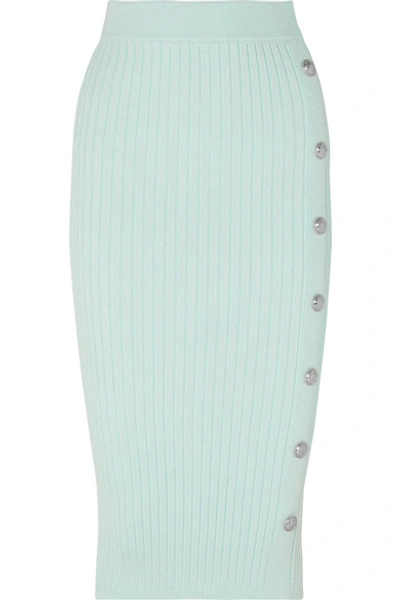 Balmain Button-embellished Ribbed Stretch-knit Midi Skirt In Light Green