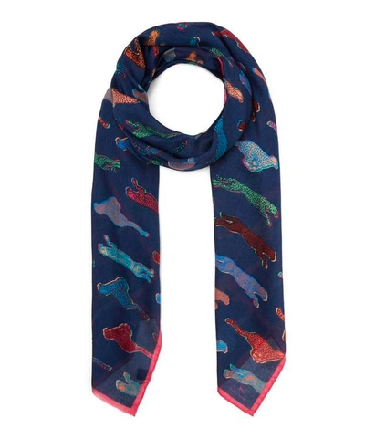 Paul Smith Live Faster Cheetah Print Scarf In Navy
