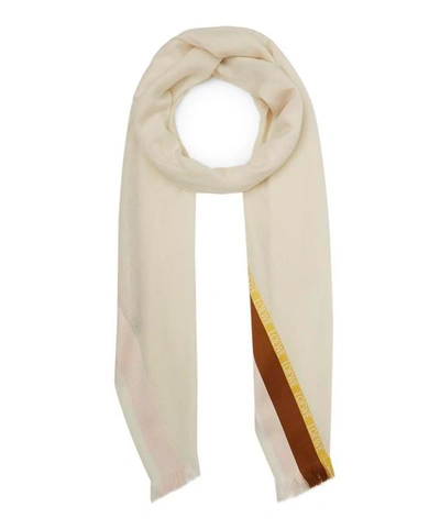 Loewe 刺绣条纹真丝羊毛羊绒混纺围巾 In White