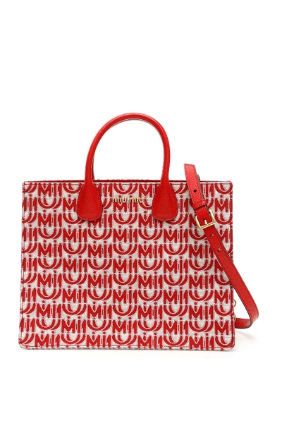 Miu Miu Jacquard Logo Tote Bag In Zfb Corda/rosso