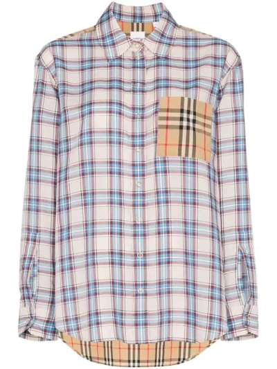 Burberry 拼接格纹莱赛尔纤维纯棉府绸衬衫 In Light Blue,beige,brown