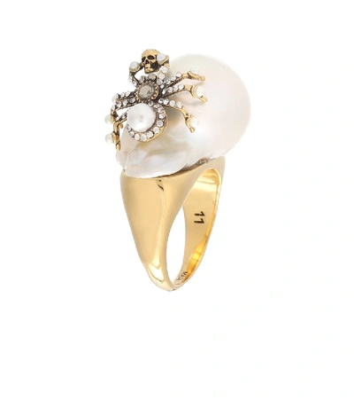 Alexander Mcqueen Skull And Spider Embellished Ring In 1235 Spider Pearl Ring Gold