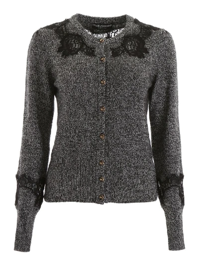 Dolce & Gabbana Cardigan With Lace Inserts In Grey,black