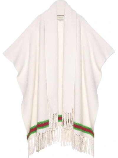 Gucci Women's Wool Moss Stitch Wrap Cape With Green & Red Stripe In White