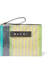 MARNI LEATHER-TRIMMED PVC AND STRIPED CANVAS POUCH