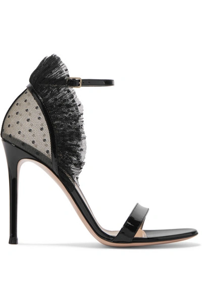 Gianvito Rossi 105 Ruffled Point D'esprit And Patent-leather Sandals In Black