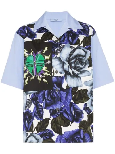 Prada Rose And Heart-print Cotton Shirt In Light Blue