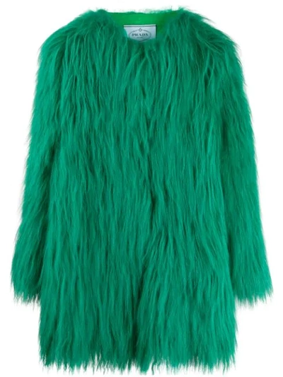 Prada Textured Fur Coat In Green