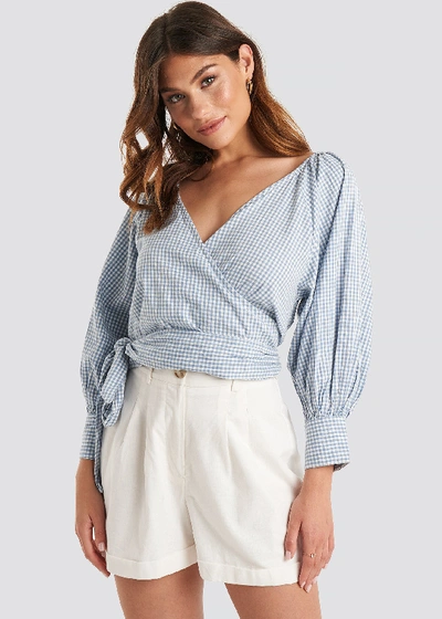 Na-kd Wrapped Puff Sleeve Top - Blue In White/blue